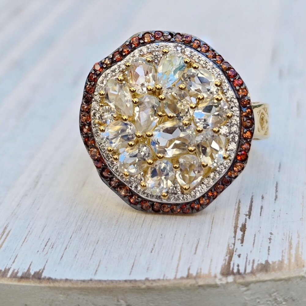 Malagasy Moonstone ✦ Multi Sapphire Cluster Ring ✦ 18K Vermeil Sterling Silver 9 - Picture 10 of 14